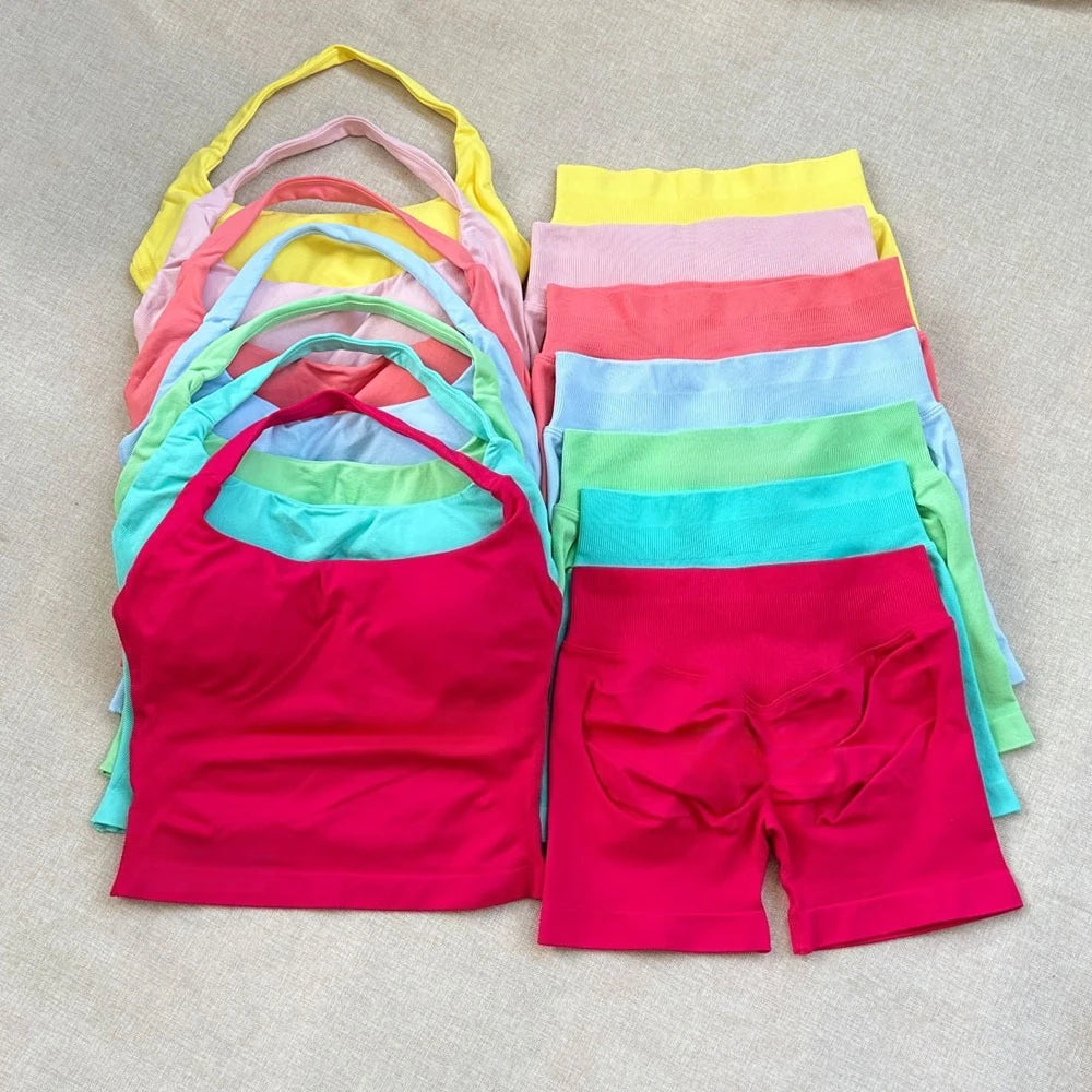 2 Piece Women Open Back Sports Halter Bra Scrunch Shorts set