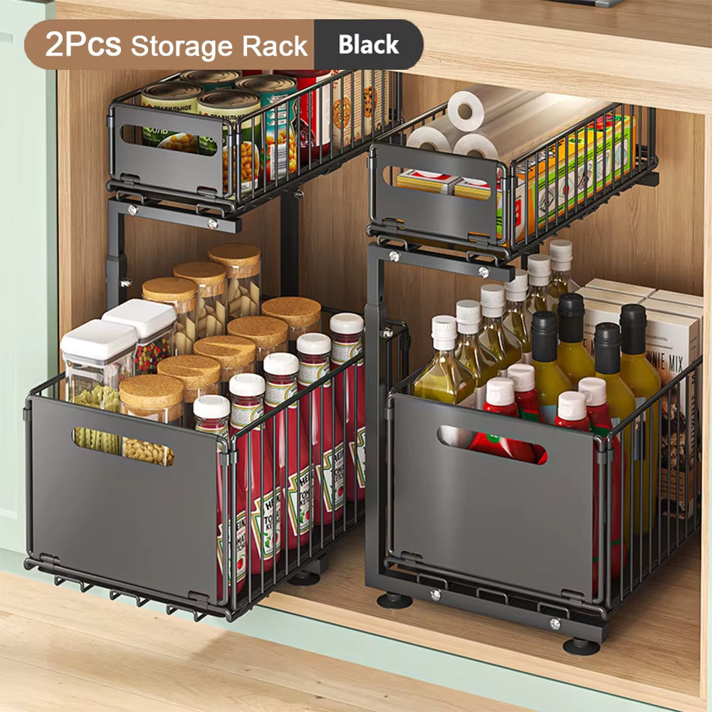 2 Tier Pull Out Adjustable Kitchen Storage Rack 