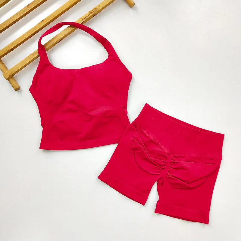  2 Piece Women Open Back Sports Halter Bra Scrunch Shorts set