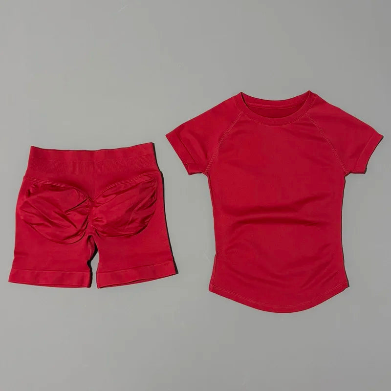 2 Pieces Short Sleeve Top and Seamless Scrunch Shorts Gym set 